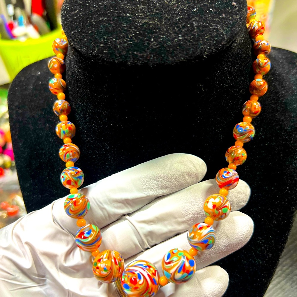 Vintage marble glass artisan beaded necklace/14k gf clasp